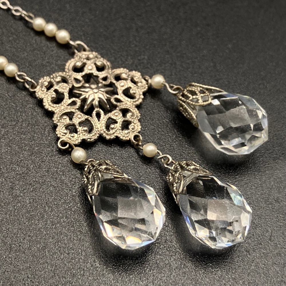 Antique Edwardian Lavalier Necklace Filigree Crystal Triple Drop Pearl 17.5"
